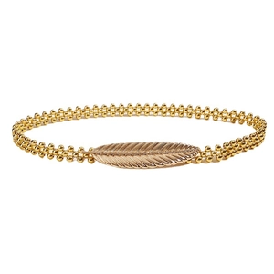 Elastic gold leaf metal waist chain belt with leaf motif for elegant dresses and skirts