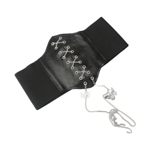 Gothic black elastic waist belt with silver butterfly chains and lace-up corset detail