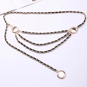 Multi-layer gold metal chain belt with black leather weaving in classic vintage style