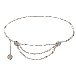 Silver multi-layer metal chain belt with triple curved drapes and round decorative charms