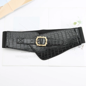 Women Vintage Stone Grain Wide Elastic Waist Belt Faux Leather Gold Buckle Stretchy Waist Seal For Dress Decoration