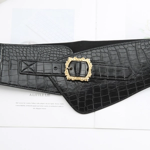 Women vintage black crocodile texture wide waist belt with golden floral buckle