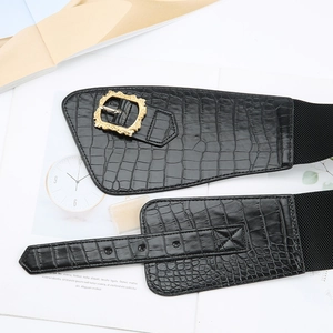Women's wide elastic waist belt with black crocodile pattern and gold baroque buckle
