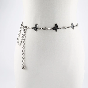 Silver butterfly waist chain belt with black charms and sparkling crystals for women