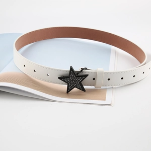 Ceinture fine en cuir blanc pour femme avec boucle étoile noire ornée de strass brillants