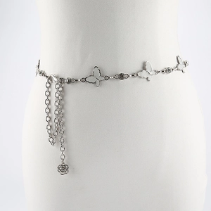 Elegant butterfly metal waist chain belt with silver hollow bow and sparkling rhinestones