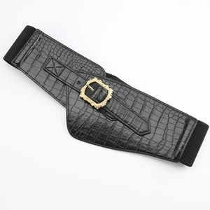 Retro black wide waist belt with crocodile texture and golden carved buckle for women