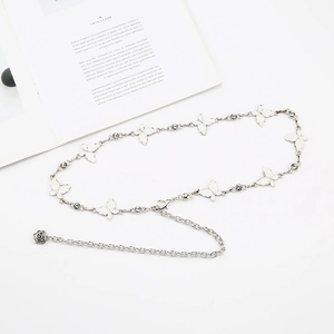 Silver butterfly chain belt with white enamel charms and rose pendant for dresses