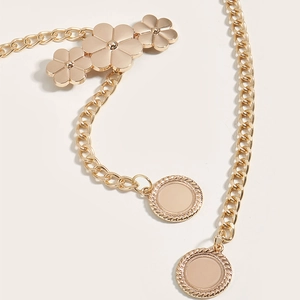 Chique gouden metalen tailleketing riem voor dames met bloem gespen en ronde hangers