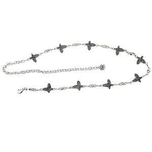 Silver metal waist chain for women featuring black glitter butterflies and sparkling rhinestones