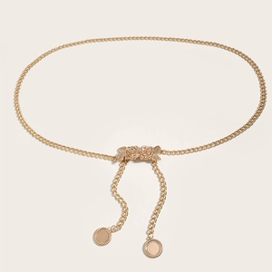 Fashionable gold metal waist chain belt with double rose buckle for women dresses
