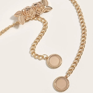 Fashionable gold metal waist chain belt with rose flower buckles and charms for dresses