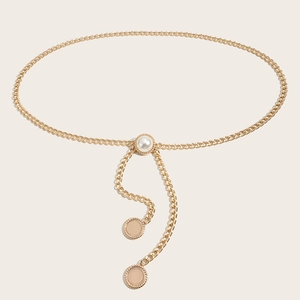 Elegant gold metal chain belt with white pearl buckle and dangling wave pendants