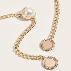 Elegant gold metal body chain with white pearl accent and vintage round pendants