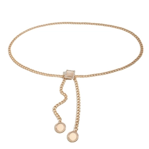 Golden metal chain belt with square rhinestone buckle and dangling circular charms