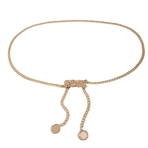 Elegant gold metal waist chain with rose buckles and asymmetric layered drop chains