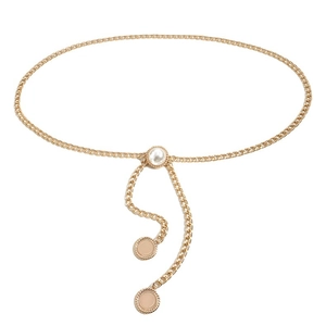 Elegant gold metal waist chain with pearl buckle and hanging disk pendants for dresses