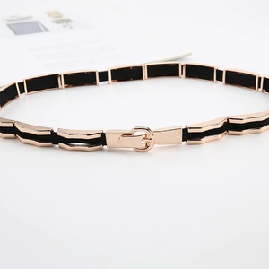 Detail of elegant black elastic waist belt featuring polished gold metal plates and buckle