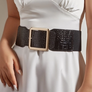 Women Fashion Elastic Waist Belt Faux Leather Stone Pattern Golden Square Buckle Corset Cinch Belt For Dresses Black