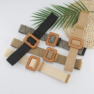Women Woven PP Straw Belt Bohemian Style Square Buckle Elastic Braided Waist Belt For Summer Vacation Dress Decoration