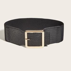 Women's black elastic waist belt with gold square buckle and faux crocodile texture