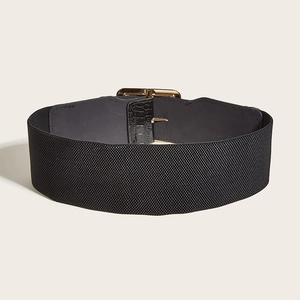 Women's wide elastic waist belt with gold buckle and black crocodile texture leather details