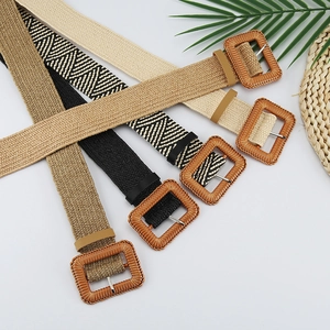 Boho woven elastic waist belts with square wooden buckles in beige and black patterns