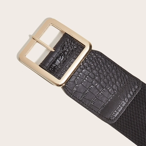 Wide elastic waist belt for women with black crocodile texture and gold square buckle