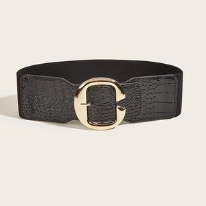 Women's wide elastic waist belt with gold C-buckle and black crocodile texture leather