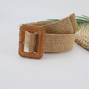 Bohemian straw woven belt with vintage rectangular buckle for summer dresses