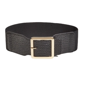 Women's vintage wide elastic waist belt with black crocodile leather pattern and gold buckle