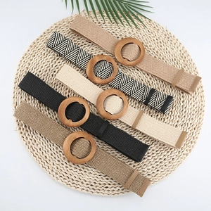 Women's Bohemian Woven Elastic Belt Round Wood Buckle Straw Look Waist Belt For Dresses Skirts Fashion Accessories