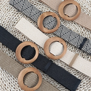 Elastic woven belts with round wooden buckles in four colors for bohemian style dresses