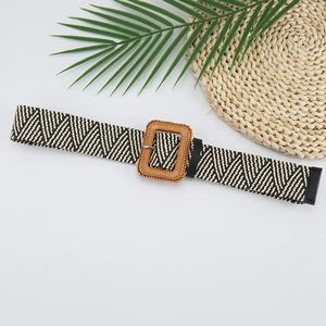 Detail of woven chevron pattern belt with a brown straw-wrapped rectangular buckle
