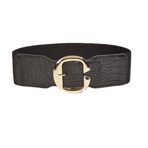 Women's wide black elastic waist belt with crocodile texture and gold C-buckle detail