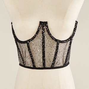 Ceinture corset en dentelle noire pour femme avec baleines et paillettes dorées brillantes