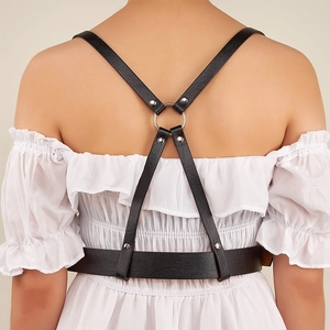 Women black PU leather body harness with metal O-rings and X-back punk street style