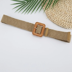 Women's khaki straw woven belt with square rattan buckle for summer dresses and outfits