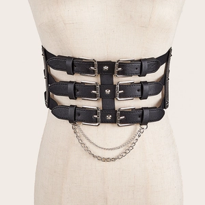 Punk black elastic waist belt with triple buckles, metal studs and dangling chains