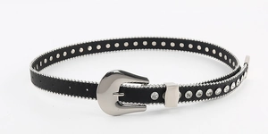Detail of black belt with silver studs, rhinestone buckle, and metallic tip finish