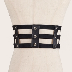 Punk style black multi-strap corset belt with silver rivets on elastic fabric