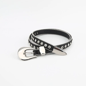 Women's thin black leather belt with sparkling rhinestones and metal bead trim