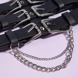 Punk style wide elastic waist belt with three row buckles and layered silver chains
