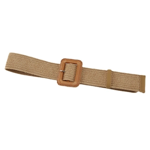 Bohemian khaki woven straw belt for women featuring a stylish square buckle on white background