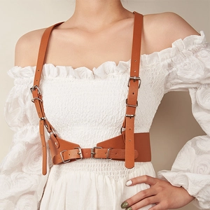 Women Faux Leather Body Harness Belt Adjustable Waist Cincher Corset With Shoulder Straps Punk Gothic Streetwear Accessory