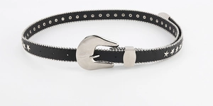 Close-up of black punk belt featuring silver star studs and metal beaded edges