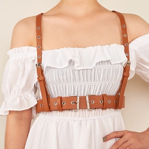 Brown faux leather punk style body harness belt with silver buckles and shoulder straps