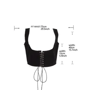 Detailed size chart showing measurements for the black velvet lace-up corset vest
