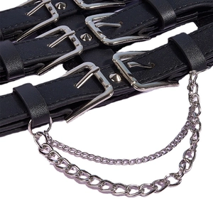 Punk style faux leather corset belt with silver studs, buckles and double metal chains