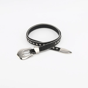 Women's slim black leather belt featuring silver stars, beaded trim and Western buckle